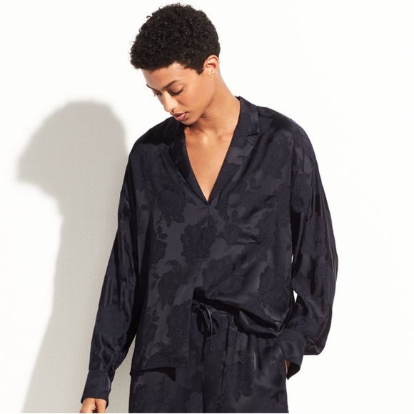Vince Floral Jacquard Popover Top Oversized Floral Navy XS - Picture 1 of 8
